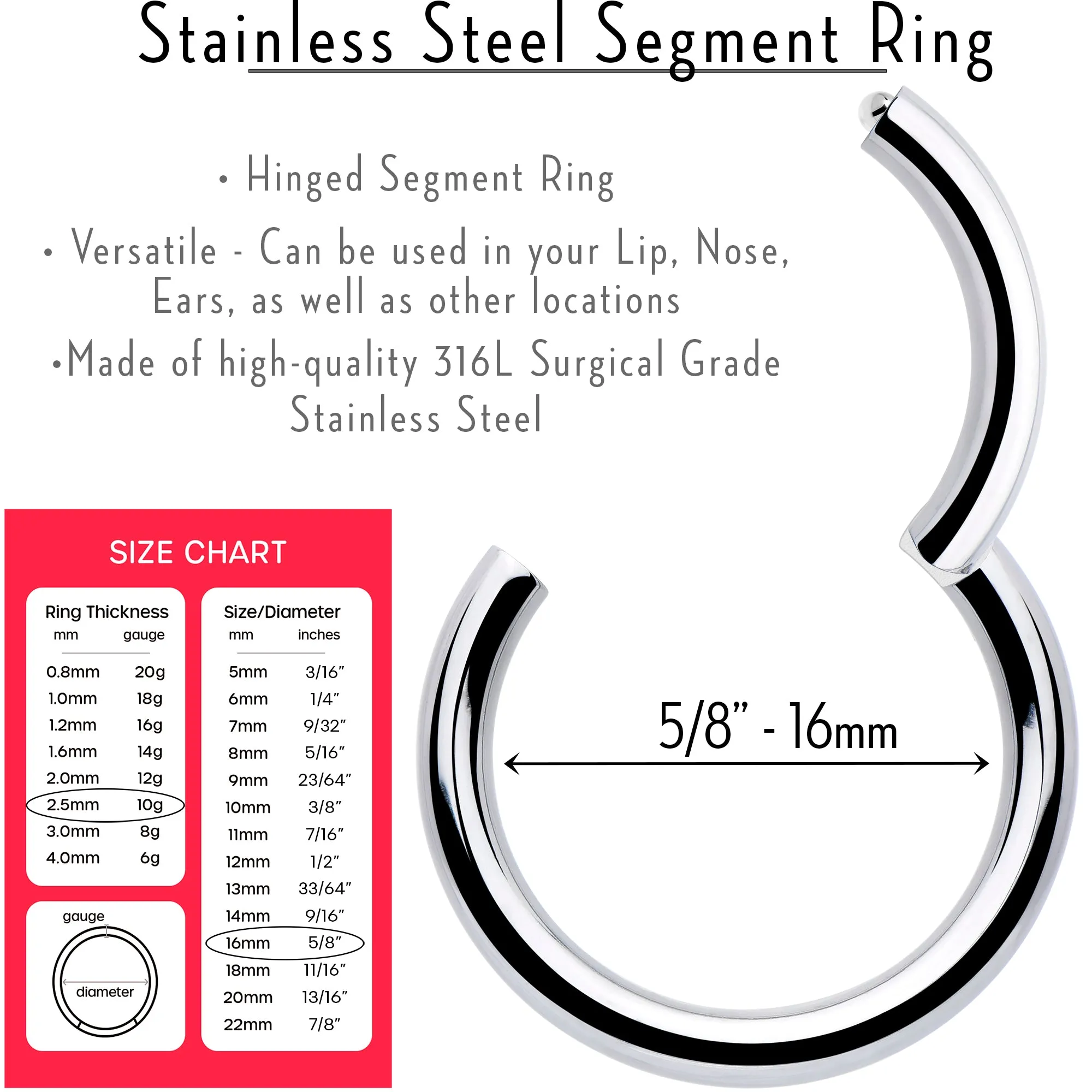 10 Gauge 5/8 316L Surgical Steel Precision Hinged Segment Hoop