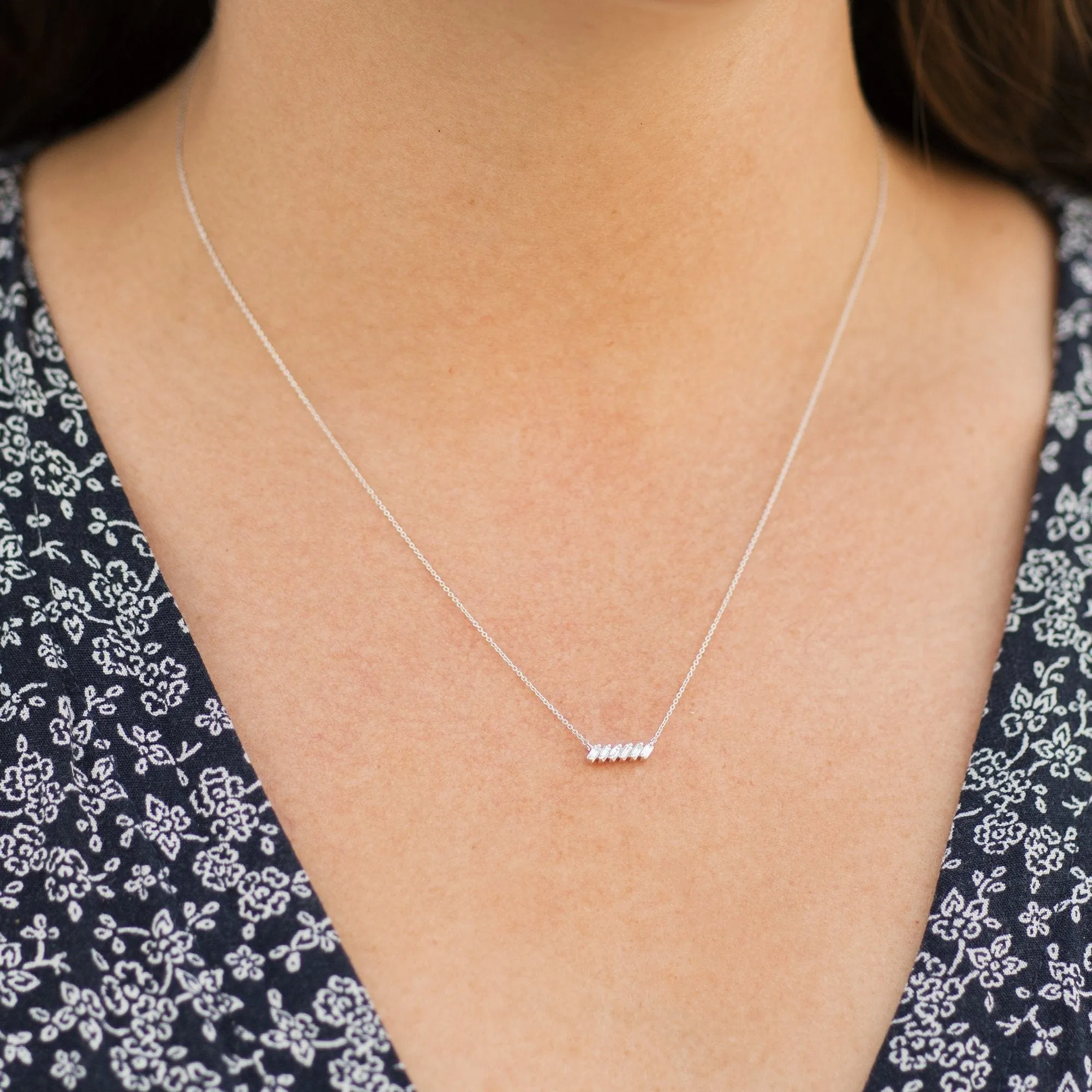 14K White Gold Baguette Diamond Slope Bar Necklace