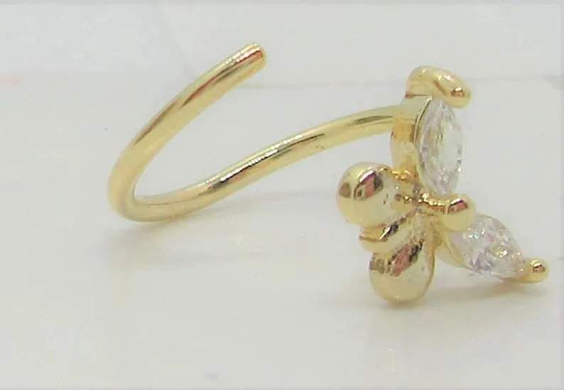 20G Gold Nose Ring Hoop Clear CZ Diamond Crystal Butterfly Nose Ring 20 gauge Nose Jewelry Nostril Ring