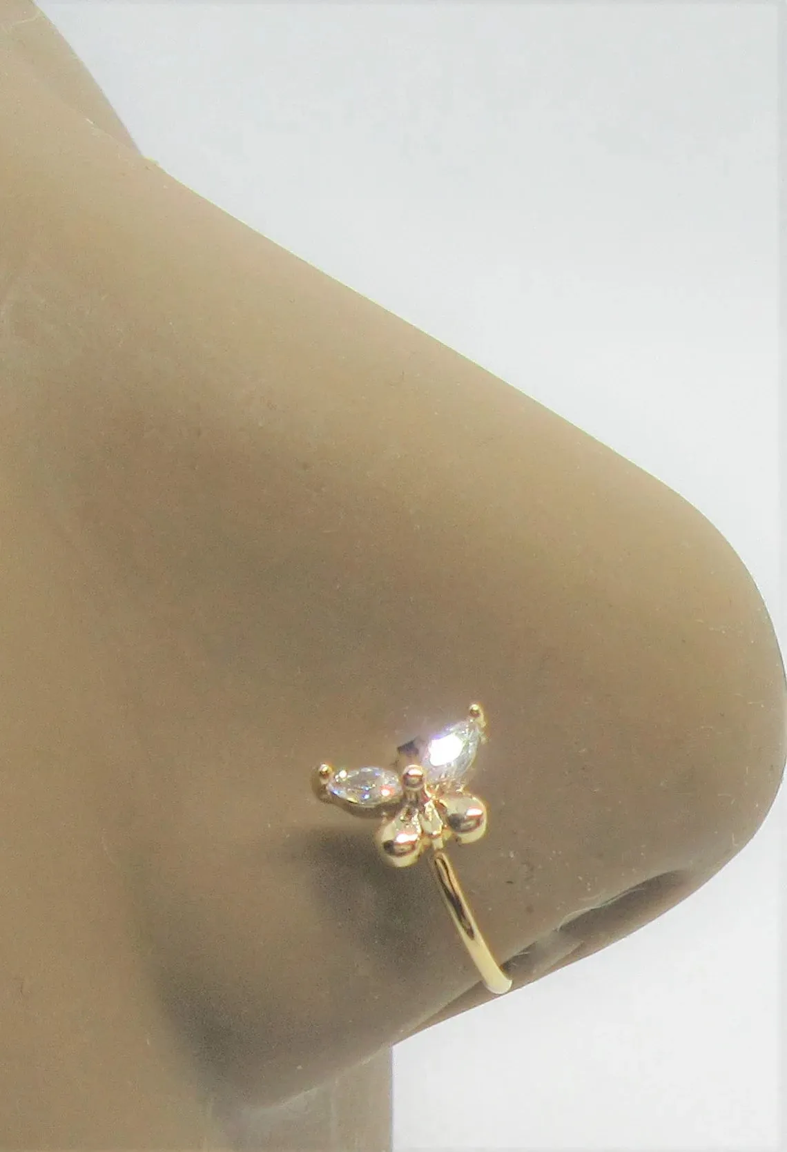 20G Gold Nose Ring Hoop Clear CZ Diamond Crystal Butterfly Nose Ring 20 gauge Nose Jewelry Nostril Ring