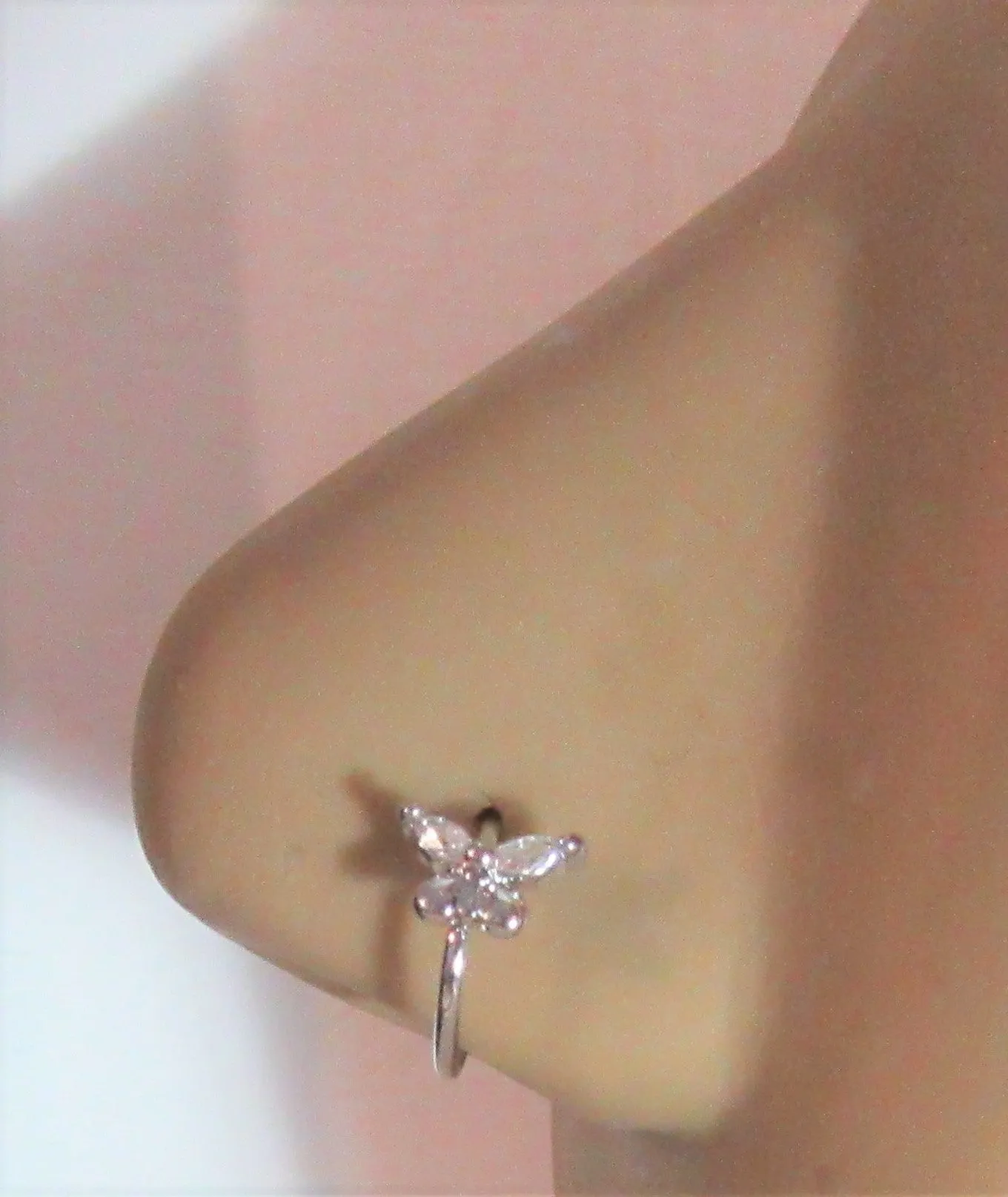 20G Nose Ring Hoop Clear CZ Diamond Crystal Butterfly Nose Ring 20 gauge Nose Jewelry Nostril Ring