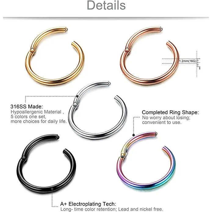 5-Piece: Stainless Steel Septum Piercing Nose Hoop Ring