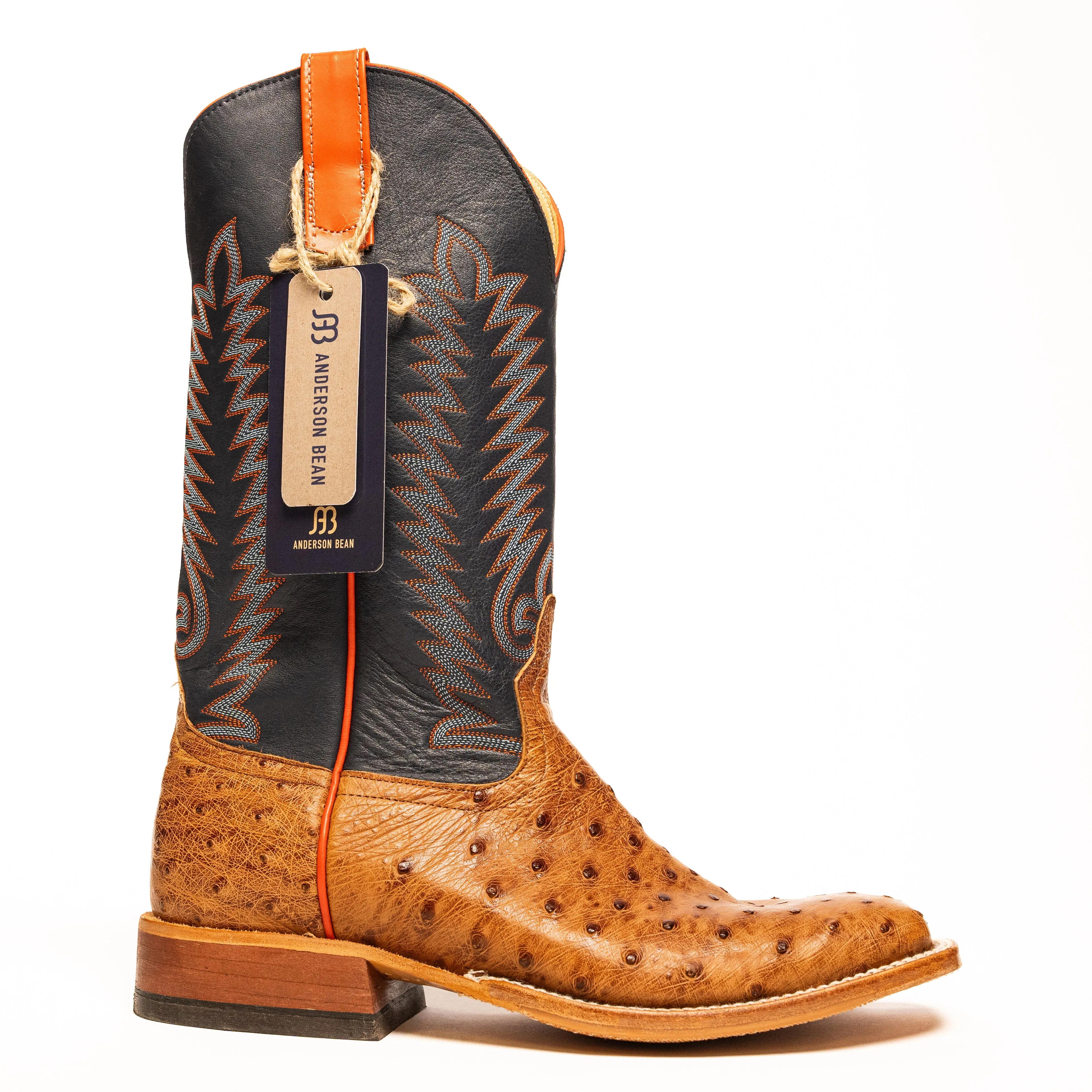 Anderson Bean Brandy Bruciato Full Quill Ostrich with Burnished Navy Calf Top  S3016