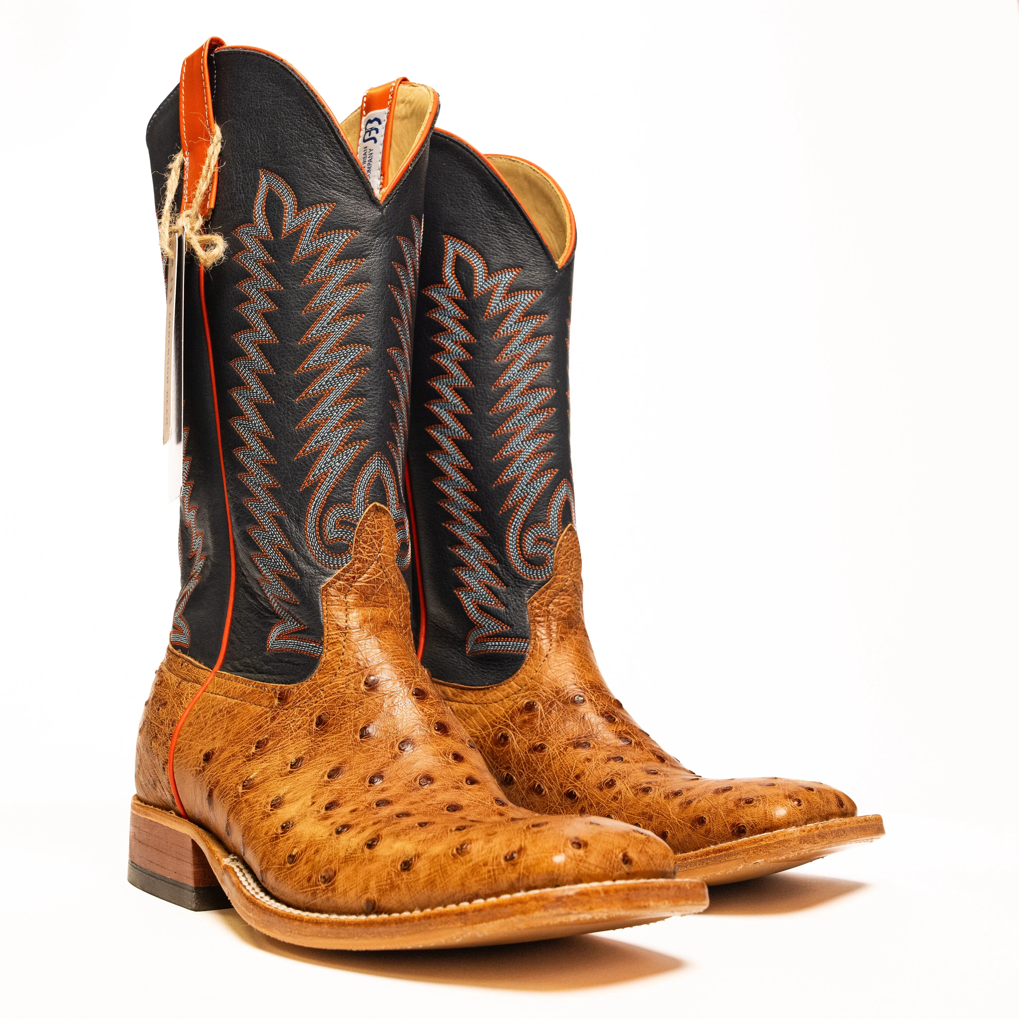 Anderson Bean Brandy Bruciato Full Quill Ostrich with Burnished Navy Calf Top  S3016