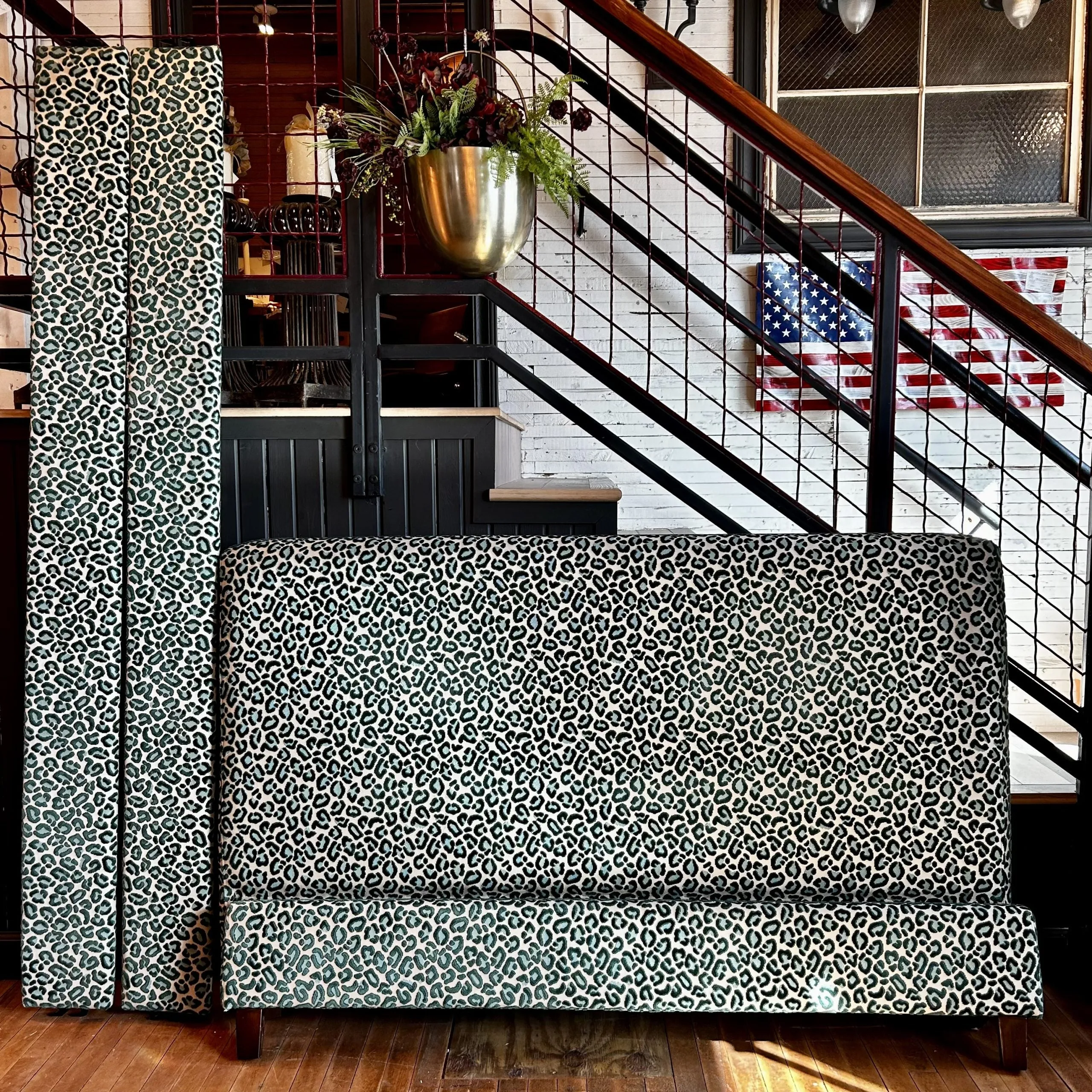 Beacon Hill Upholstered Queen Bed Frame, Feline Print, Forest Green and Aqua Blue