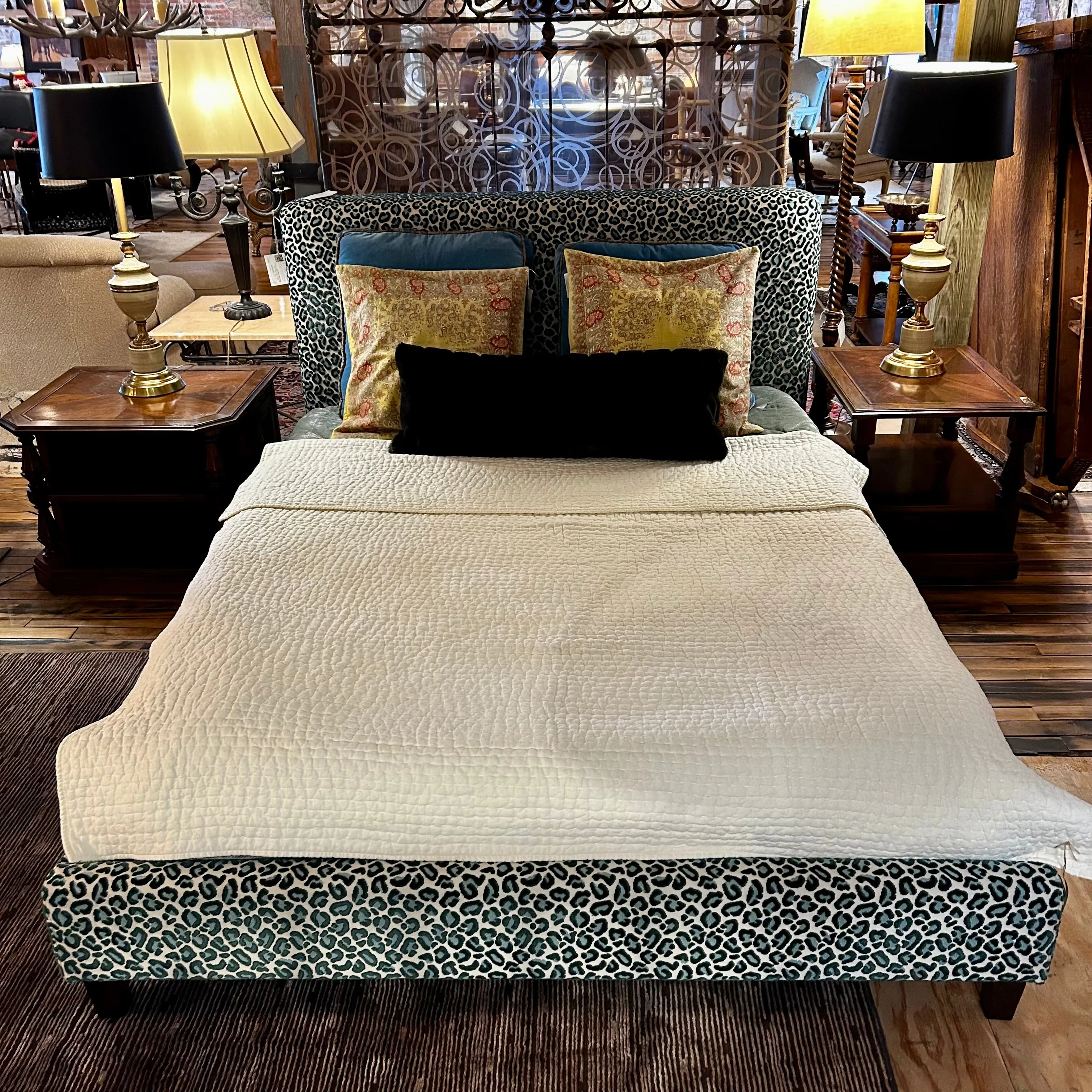 Beacon Hill Upholstered Queen Bed Frame, Feline Print, Forest Green and Aqua Blue