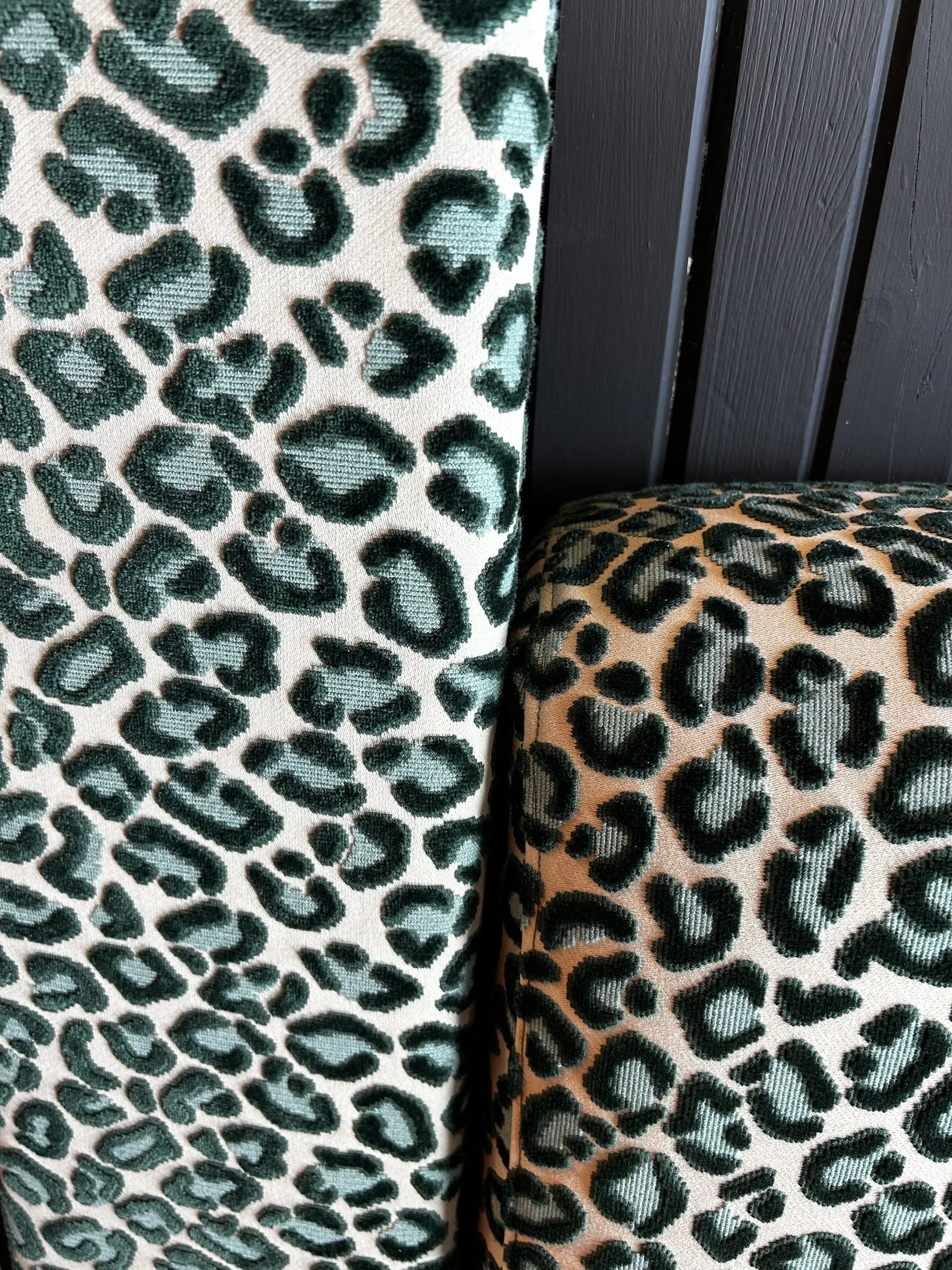 Beacon Hill Upholstered Queen Bed Frame, Feline Print, Forest Green and Aqua Blue