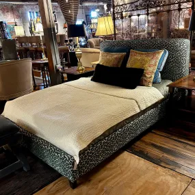 Beacon Hill Upholstered Queen Bed Frame, Feline Print, Forest Green and Aqua Blue