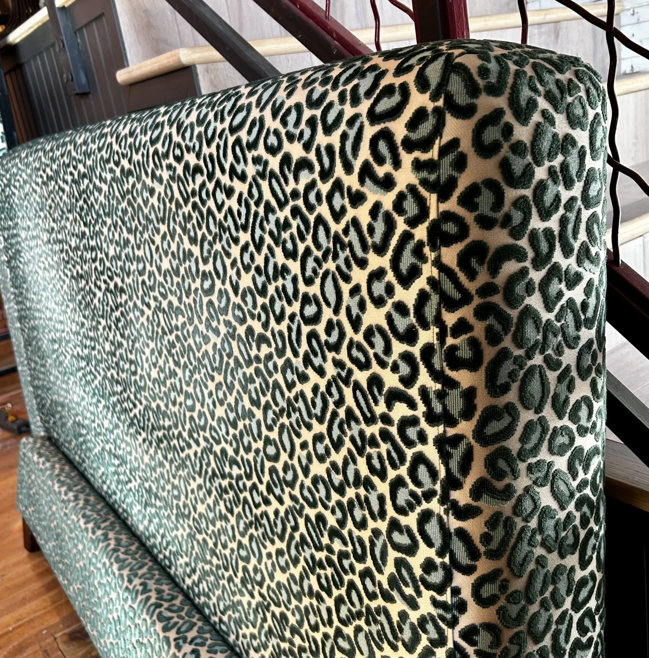 Beacon Hill Upholstered Queen Bed Frame, Feline Print, Forest Green and Aqua Blue