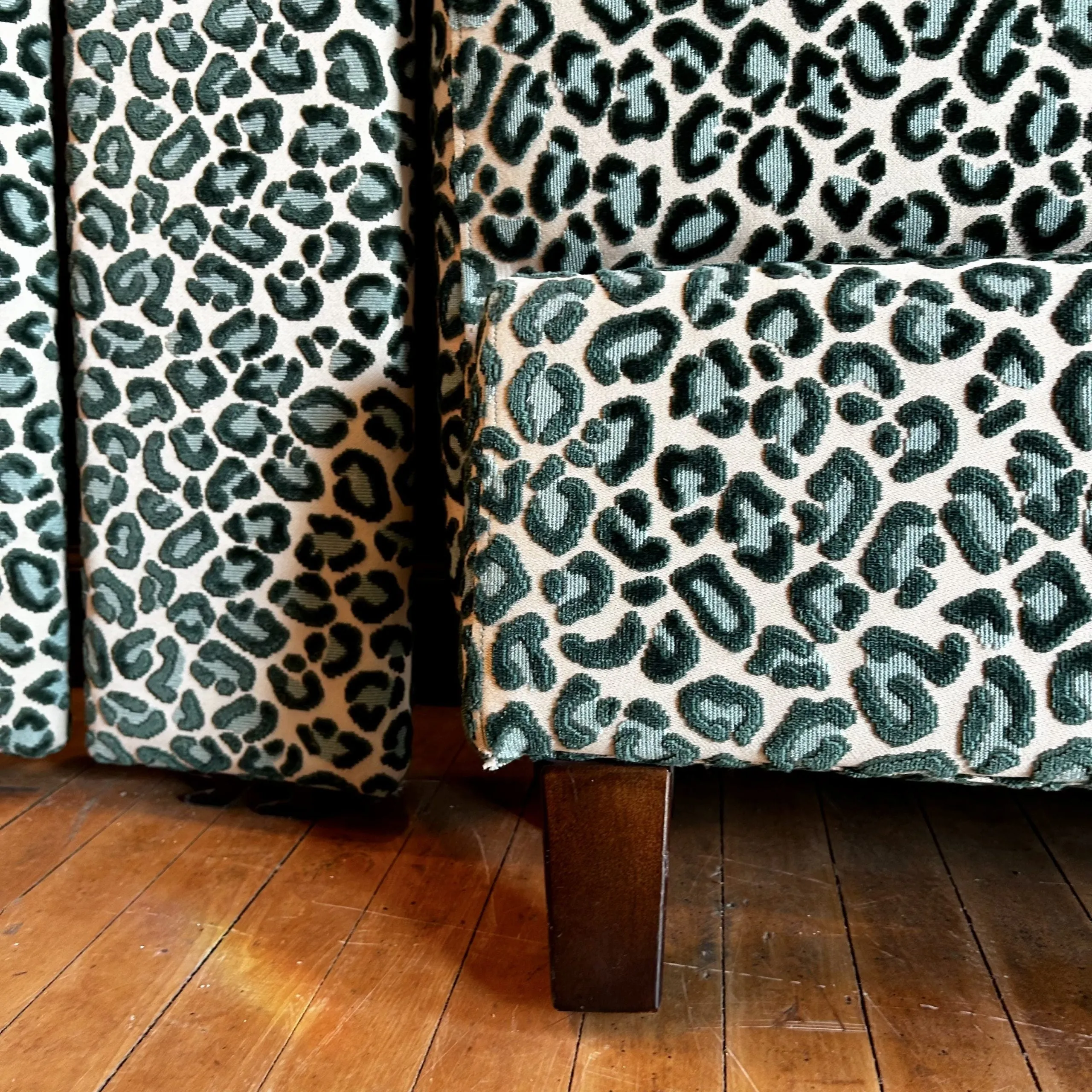Beacon Hill Upholstered Queen Bed Frame, Feline Print, Forest Green and Aqua Blue