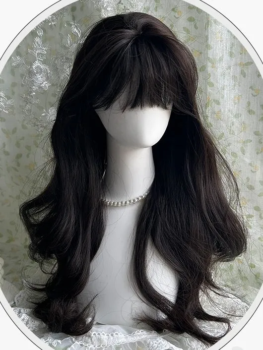 Black Tea Waist Length Wavy Synthetic Wig With Bangs