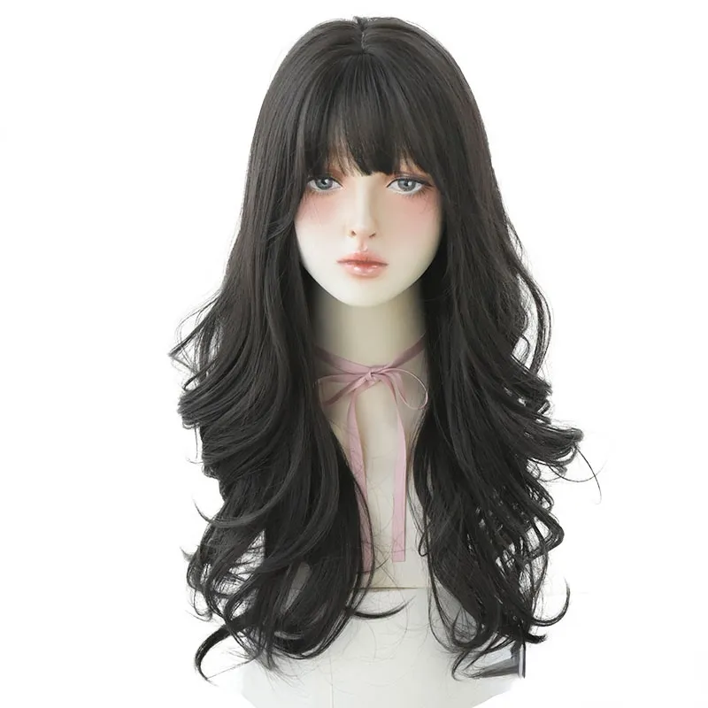 Brown Black Deep Wave Long Hair With Bangs Synthetic Wigs For Women Christmas Heat Resistant Thick Wig  Gift