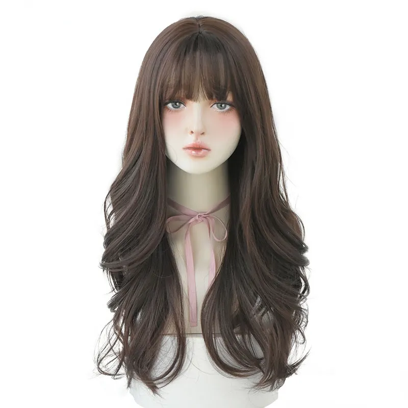 Brown Black Deep Wave Long Hair With Bangs Synthetic Wigs For Women Christmas Heat Resistant Thick Wig  Gift