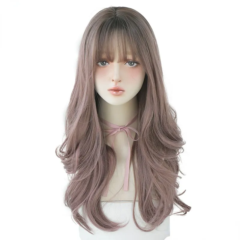 Brown Black Deep Wave Long Hair With Bangs Synthetic Wigs For Women Christmas Heat Resistant Thick Wig  Gift