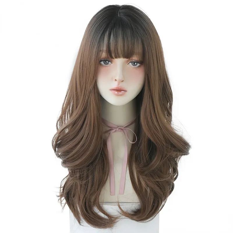Brown Black Deep Wave Long Hair With Bangs Synthetic Wigs For Women Christmas Heat Resistant Thick Wig  Gift