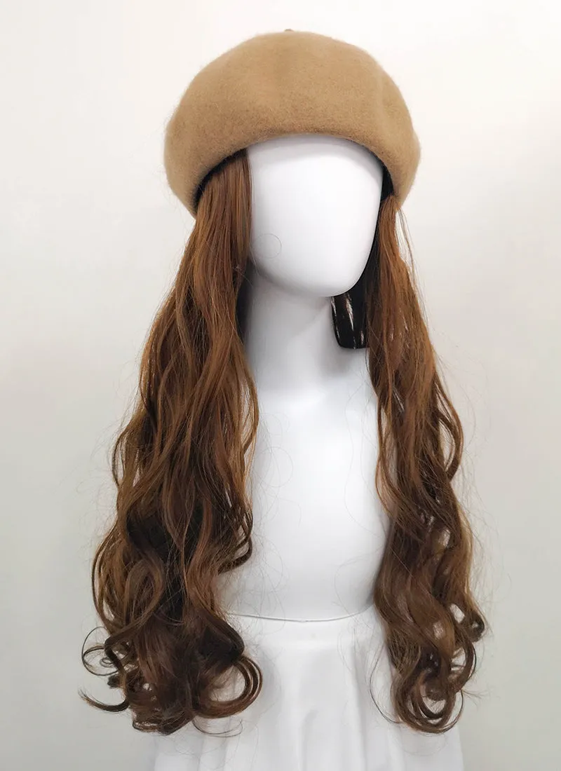 Camel Beret With Wavy Brown Hair Attached CW002