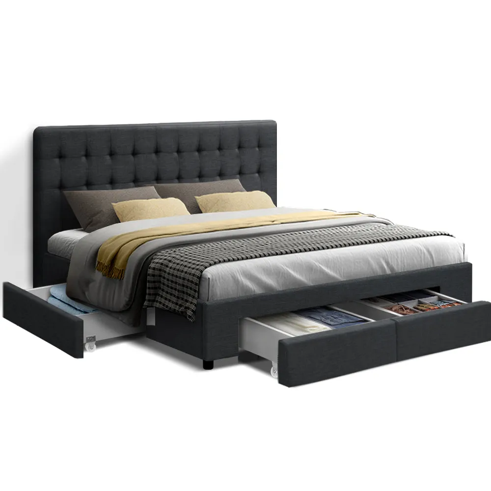 Charcoal Queen Bed Frame w/ 4 Drawers, Faux Linen - Artiss AVIO