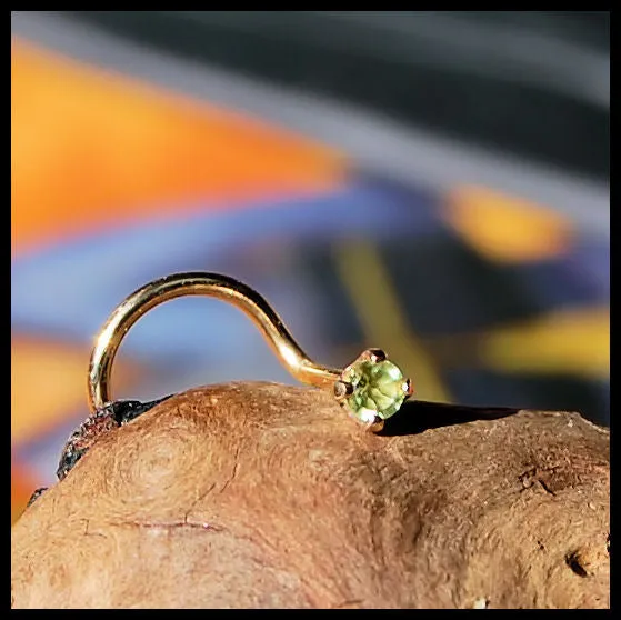 Dainty Peridot Nose Stud Set in Yellow Gold - 2mm Stone