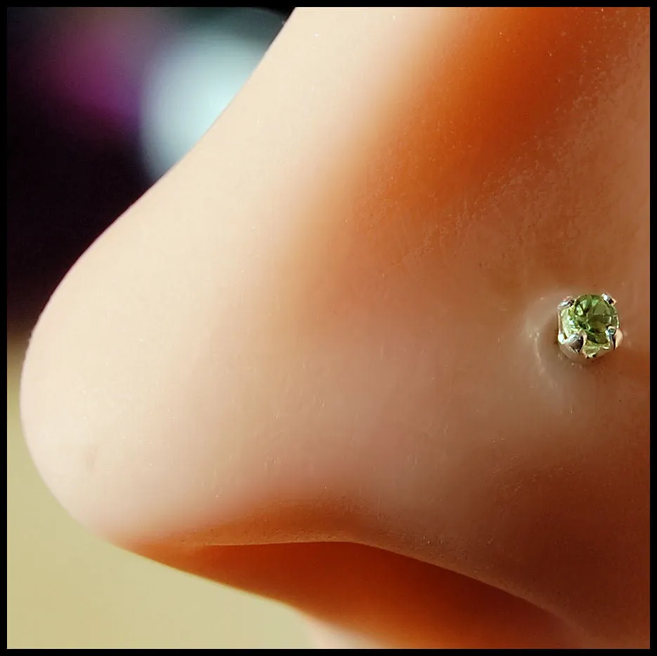 Dainty Peridot Nose Stud Set in Yellow Gold - 2mm Stone
