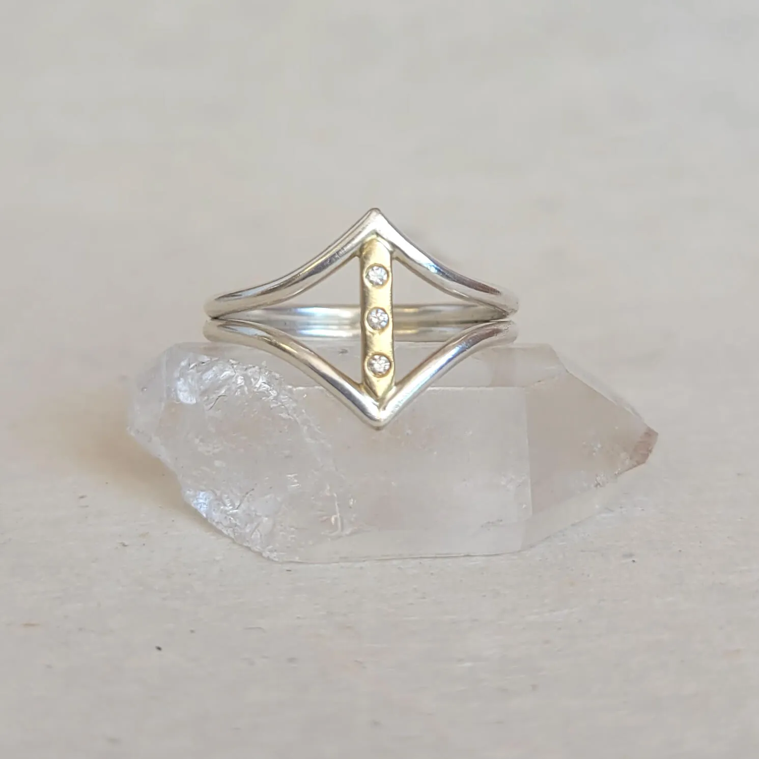 Double Chevron Band in Sterling Silver and Yellow Gold