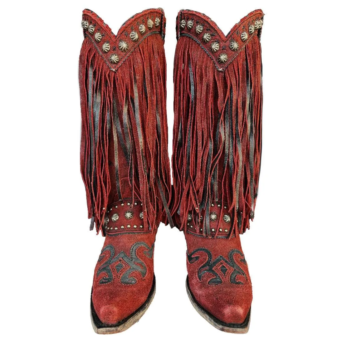 DOUBLE D RANCH Prescott Fringe Studded Red Leather Cowgirl Cowboy Western Boots