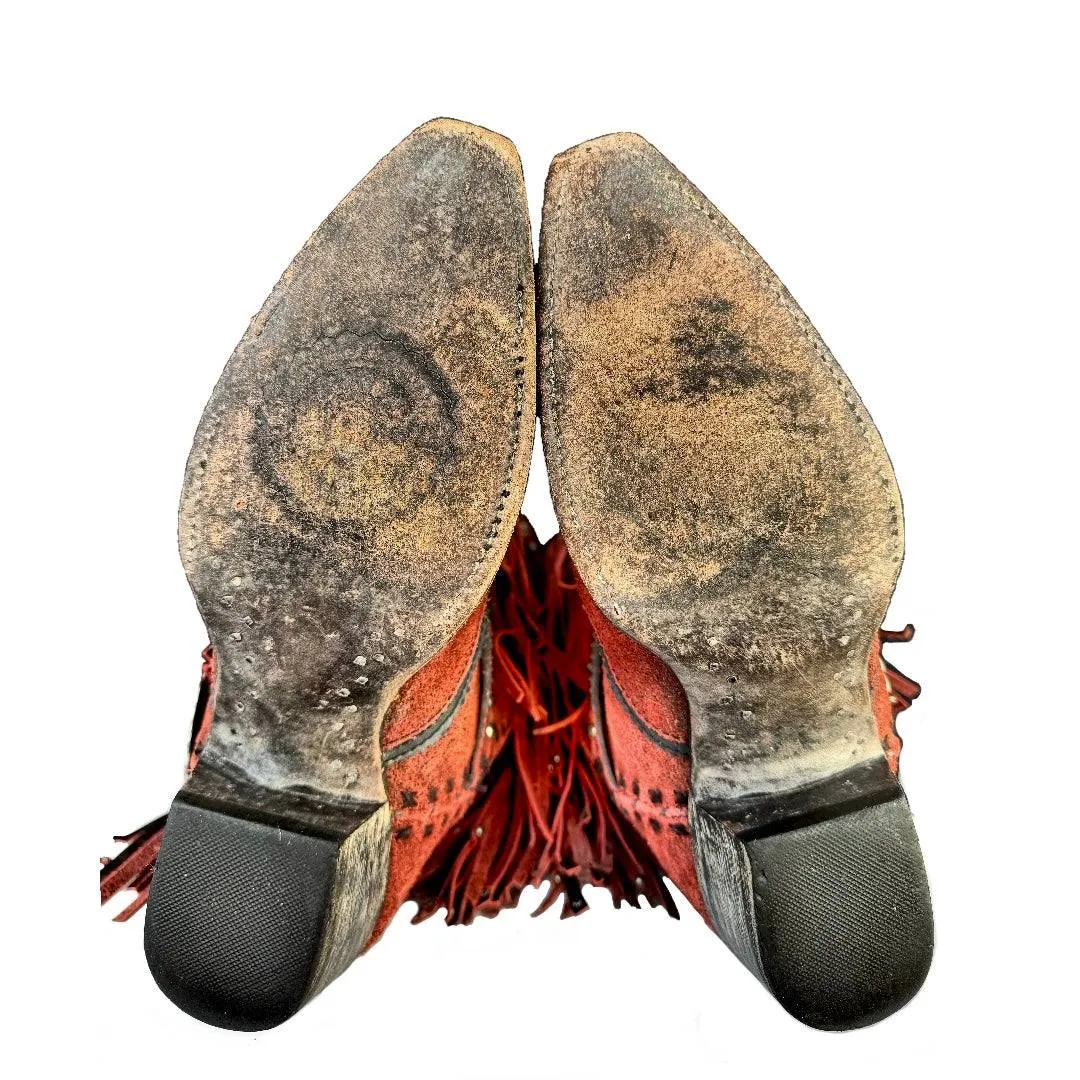 DOUBLE D RANCH Prescott Fringe Studded Red Leather Cowgirl Cowboy Western Boots