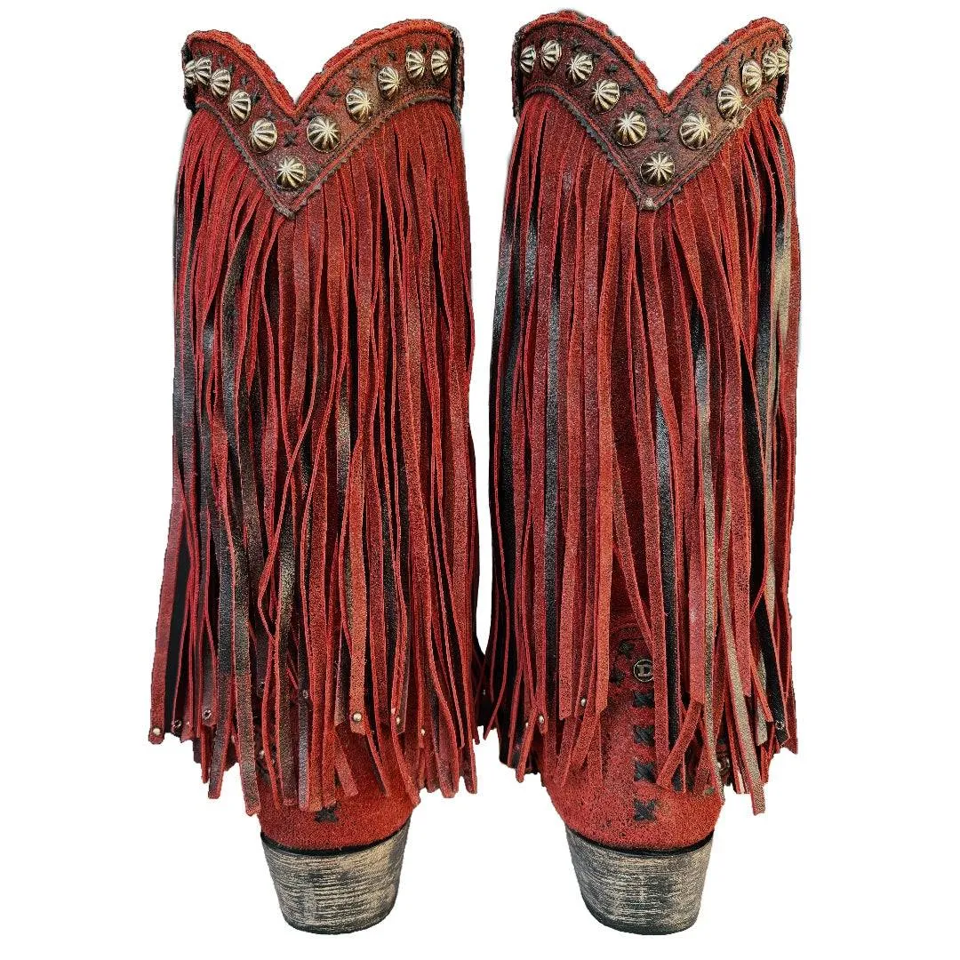 DOUBLE D RANCH Prescott Fringe Studded Red Leather Cowgirl Cowboy Western Boots