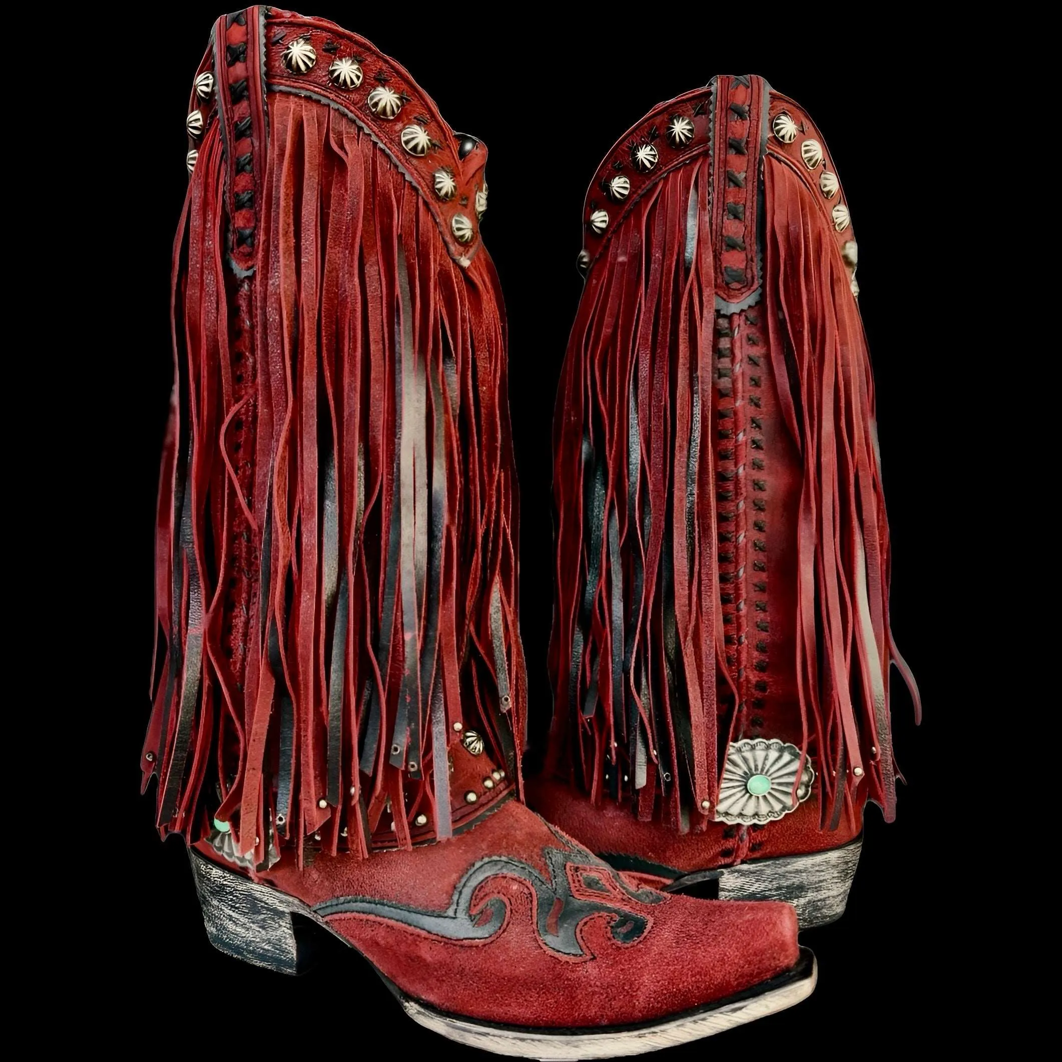 DOUBLE D RANCH Prescott Fringe Studded Red Leather Cowgirl Cowboy Western Boots