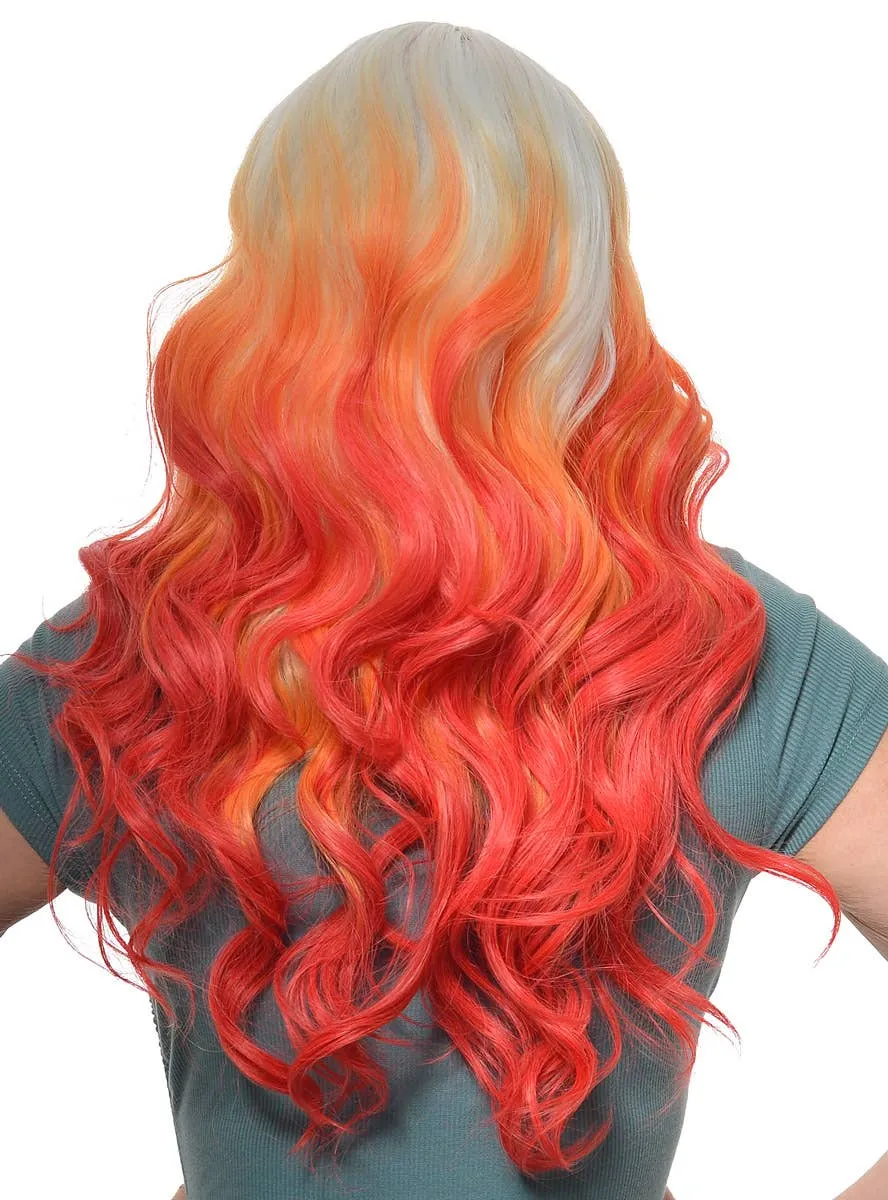 Fiery Red Ombre Long Wavy Synthetic Fashion Wig with Lace Part