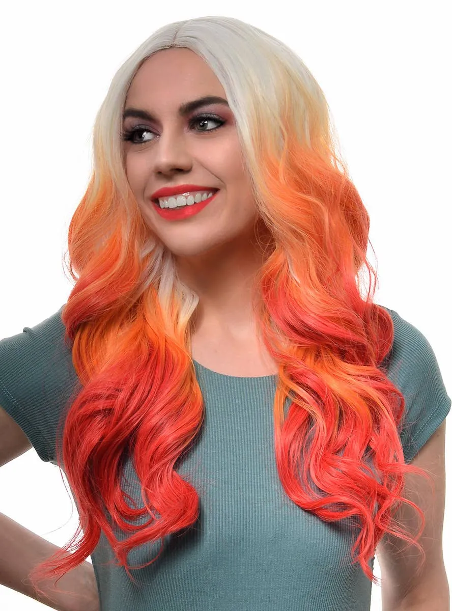 Fiery Red Ombre Long Wavy Synthetic Fashion Wig with Lace Part