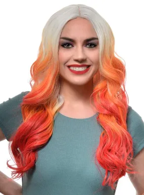 Fiery Red Ombre Long Wavy Synthetic Fashion Wig with Lace Part