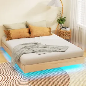 Floating Bed Frame with LED Lights, Pinewood, Double - Artiss