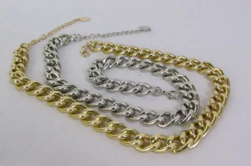 Gold Silver Metal Chain Links Hip Hop Chunky Thick Necklace Earring Set