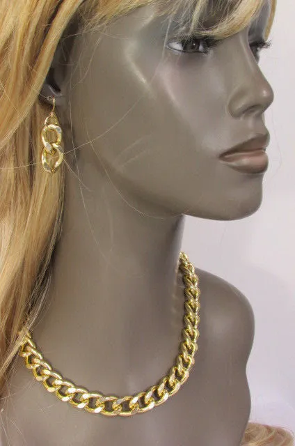 Gold Silver Metal Chain Links Hip Hop Chunky Thick Necklace Earring Set