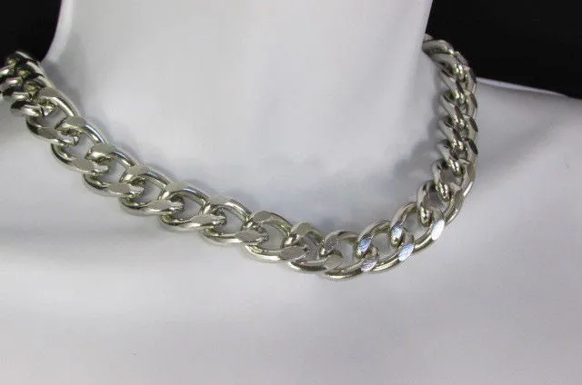 Gold Silver Metal Chain Links Hip Hop Chunky Thick Necklace Earring Set