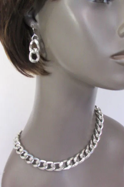 Gold Silver Metal Chain Links Hip Hop Chunky Thick Necklace Earring Set