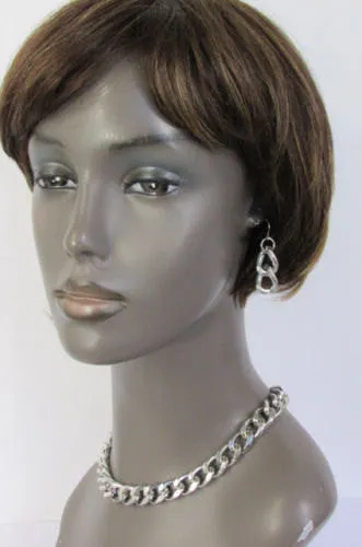 Gold Silver Metal Chain Links Hip Hop Chunky Thick Necklace Earring Set