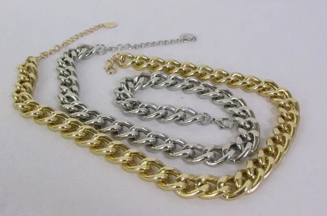 Gold Silver Metal Chain Links Hip Hop Chunky Thick Necklace Earring Set