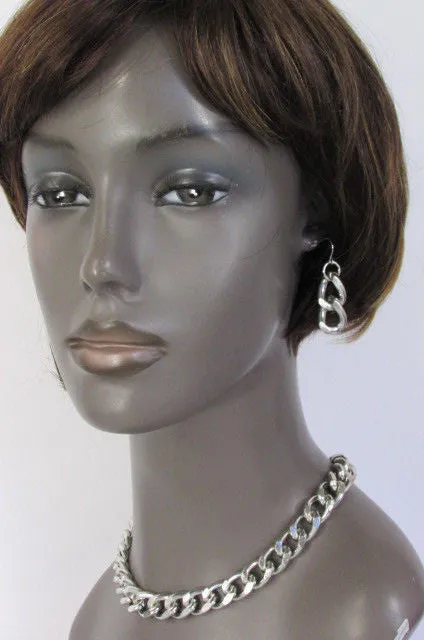 Gold Silver Metal Chain Links Hip Hop Chunky Thick Necklace Earring Set