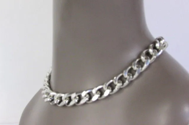 Gold Silver Metal Chain Links Hip Hop Chunky Thick Necklace Earring Set
