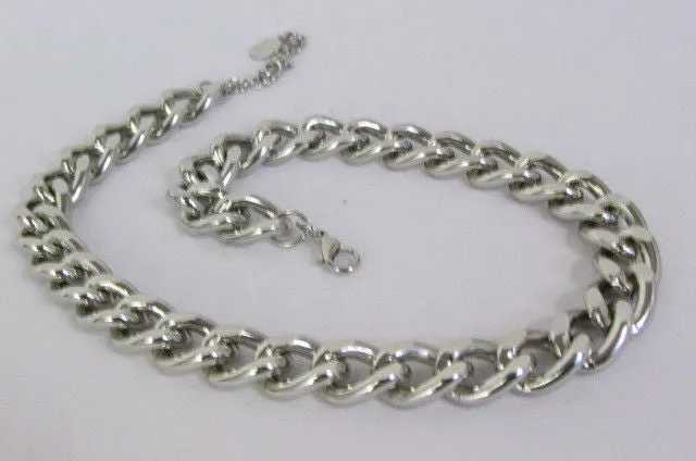 Gold Silver Metal Chain Links Hip Hop Chunky Thick Necklace Earring Set