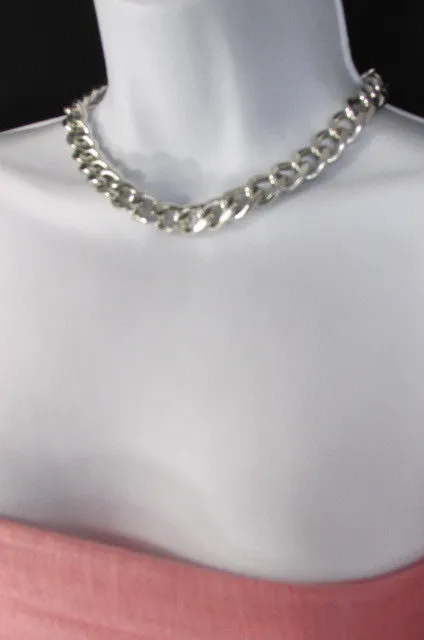 Gold Silver Metal Chain Links Hip Hop Chunky Thick Necklace Earring Set