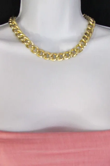 Gold Silver Metal Chain Links Hip Hop Chunky Thick Necklace Earring Set