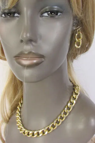 Gold Silver Metal Chain Links Hip Hop Chunky Thick Necklace Earring Set