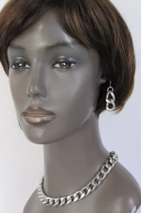 Gold Silver Metal Chain Links Hip Hop Chunky Thick Necklace Earring Set