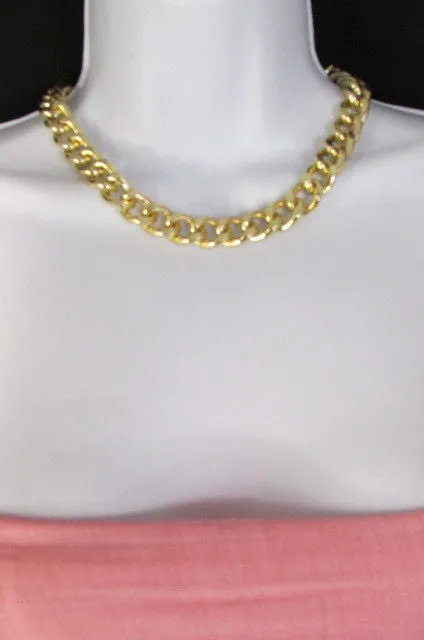 Gold Silver Metal Chain Links Hip Hop Chunky Thick Necklace Earring Set