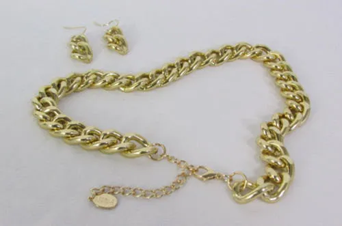 Gold Silver Metal Chain Links Hip Hop Chunky Thick Necklace Earring Set