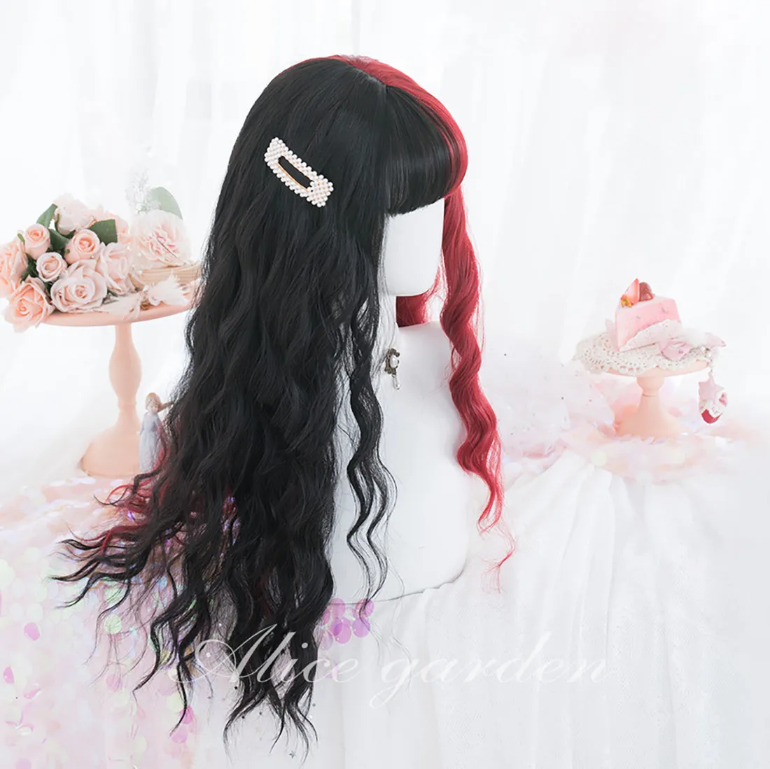 Gothic Two-Tone Black-Red Wavy Long Hair Wig