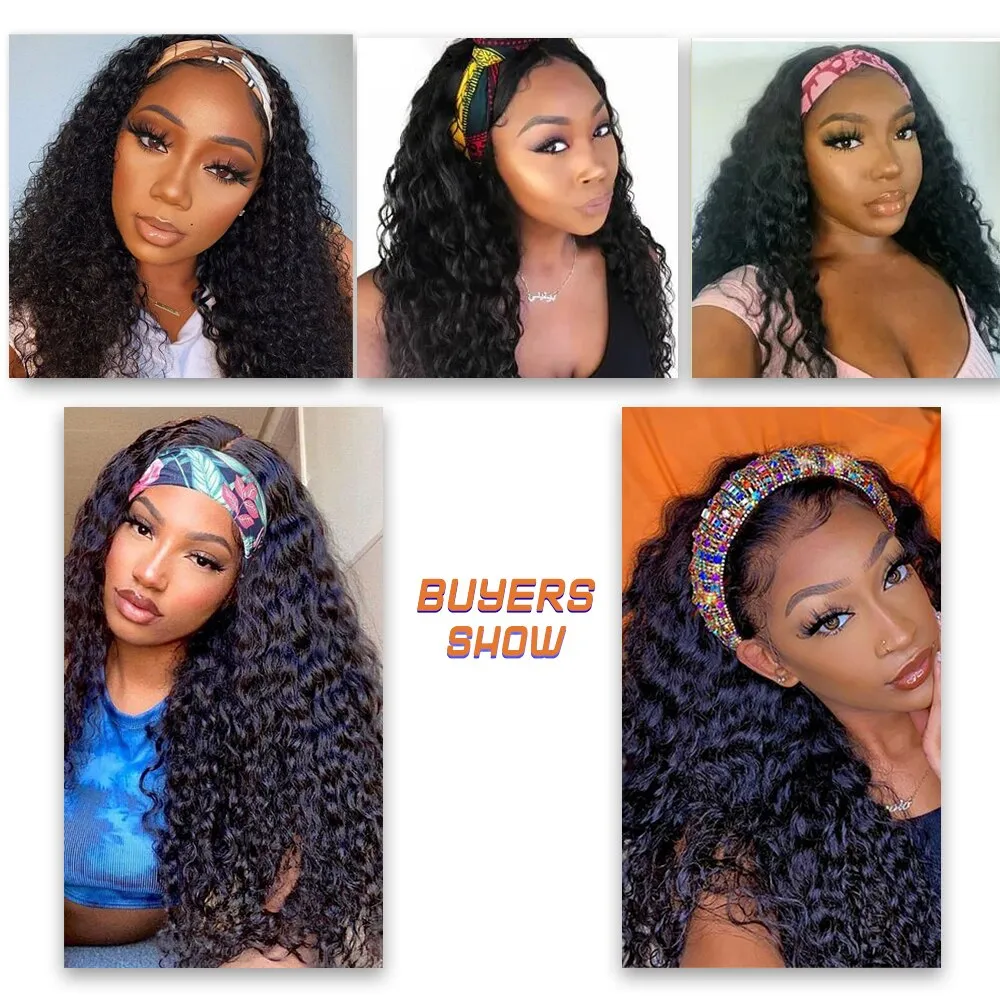 Headband Wig  Deep Wave Wigs Synthetic Body Wavy Wig Scarf Wig Glueless Full Wig Color Black