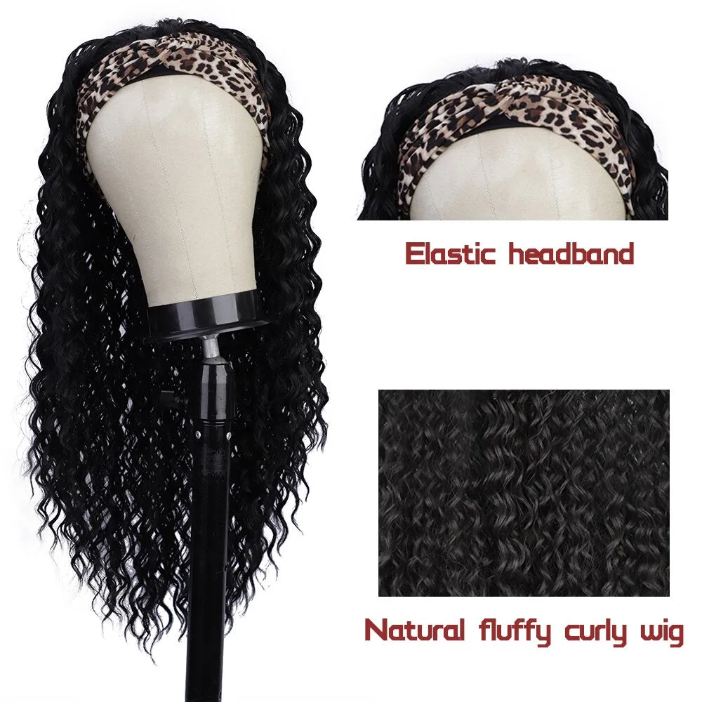 Headband Wig  Deep Wave Wigs Synthetic Body Wavy Wig Scarf Wig Glueless Full Wig Color Black